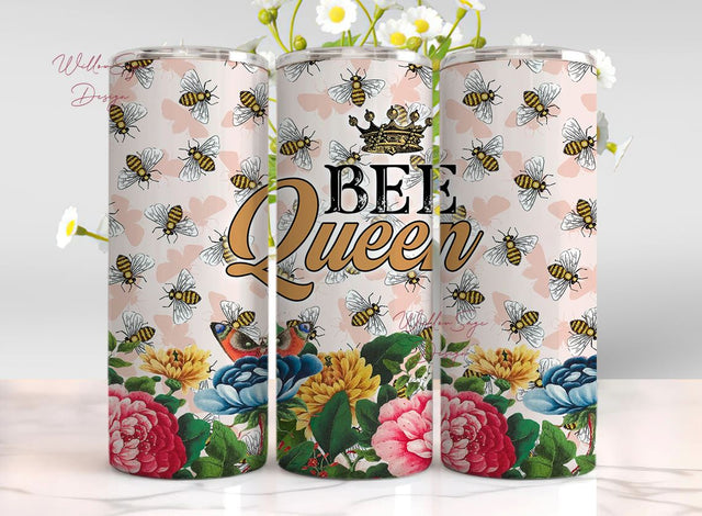 Bee Queen tumbler PNG design Honey bee and crown with flower 20oz and 30oz skinny tumbler STRAIGHT digital wrap Sublimation WillowSageDesign 