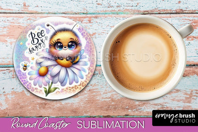 Bee Round Coaster Sublimation, Cute Bee Car Coaster Design Sublimation OrangeBrushStudio 
