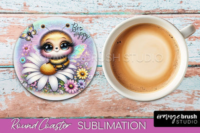 Bee Round Coaster Sublimation, Cute Bee Car Coaster Design Sublimation OrangeBrushStudio 