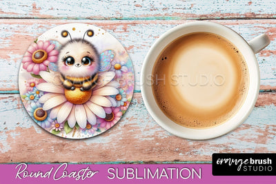Bee Round Coaster Sublimation, Cute Bee Car Coaster Design Sublimation OrangeBrushStudio 