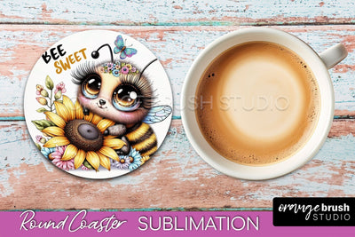 Bee Round Coaster Sublimation, Cute Bee Car Coaster Design Sublimation OrangeBrushStudio 