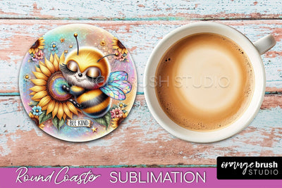Bee Round Coaster Sublimation, Cute Bee Car Coaster Design Sublimation OrangeBrushStudio 