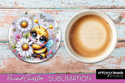 Bee Round Coaster Sublimation, Cute Bee Car Coaster Design Sublimation OrangeBrushStudio 