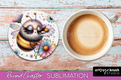Bee Round Coaster Sublimation, Cute Bee Car Coaster Design Sublimation OrangeBrushStudio 