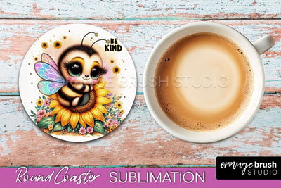 Bee Round Coaster Sublimation, Cute Bee Car Coaster Design Sublimation OrangeBrushStudio 