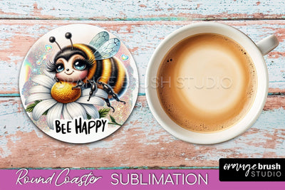 Bee Round Coaster Sublimation, Cute Bee Car Coaster Design Sublimation OrangeBrushStudio 