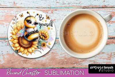 Bee Round Coaster Sublimation, Cute Bee Car Coaster Design Sublimation OrangeBrushStudio 