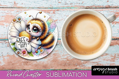 Bee Round Coaster Sublimation, Cute Bee Car Coaster Design Sublimation OrangeBrushStudio 