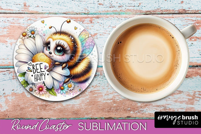 Bee Round Coaster Sublimation, Cute Bee Car Coaster Design Sublimation OrangeBrushStudio 