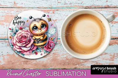 Bee Round Coaster Sublimation, Cute Bee Car Coaster Design Sublimation OrangeBrushStudio 