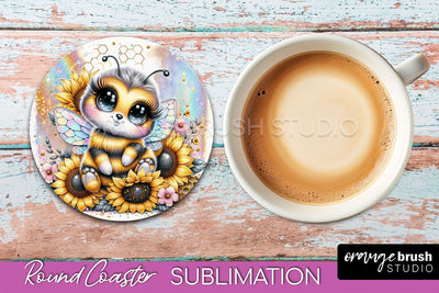 Bee Round Coaster Sublimation, Cute Bee Car Coaster Design Sublimation OrangeBrushStudio 