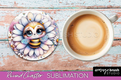 Bee Round Coaster Sublimation, Cute Bee Car Coaster Design Sublimation OrangeBrushStudio 