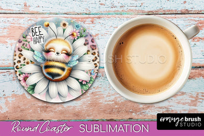 Bee Round Coaster Sublimation, Cute Bee Car Coaster Design Sublimation OrangeBrushStudio 