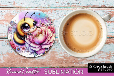 Bee Round Coaster Sublimation, Cute Bee Car Coaster Design Sublimation OrangeBrushStudio 