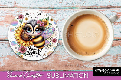 Bee Round Coaster Sublimation, Cute Bee Car Coaster Design Sublimation OrangeBrushStudio 
