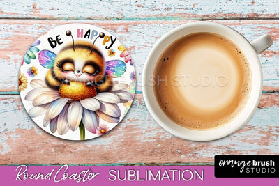 Bee Round Coaster Sublimation, Cute Bee Car Coaster Design Sublimation OrangeBrushStudio 