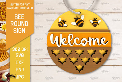 Bee Round Sign Laser Cut. Honey Bee Sign SVG Design SVG Evgenyia Guschina 