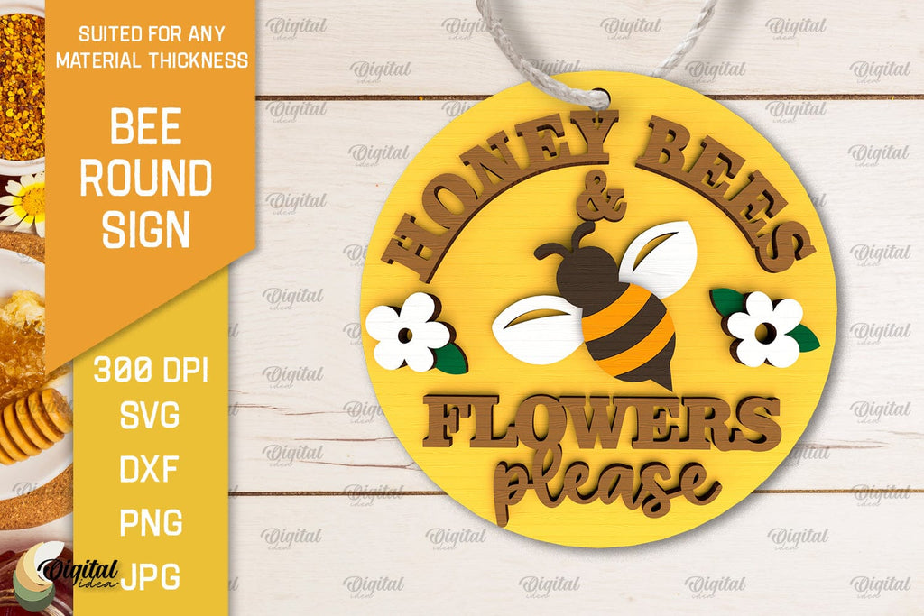 Bee Round Sign Laser Cut. Honey Bee Sign SVG Design - So Fontsy