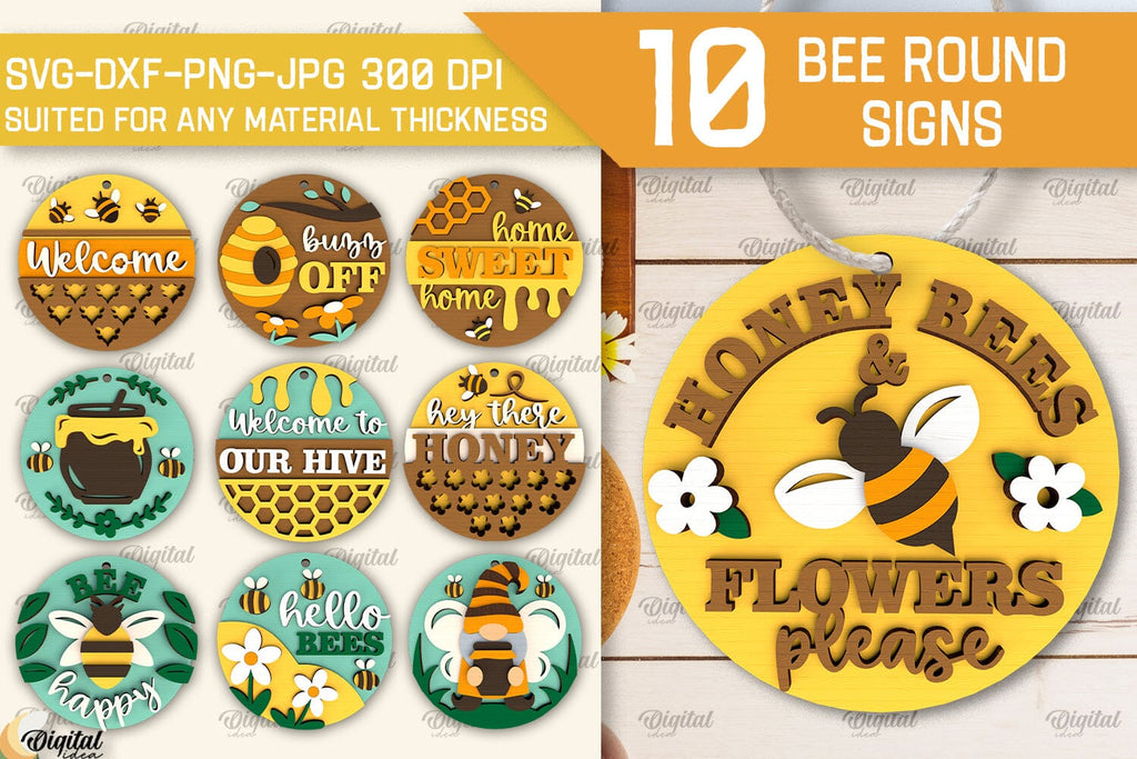 Bee Round Signs Laser Cut Bundle. Honey Bee Designs SVG - So Fontsy
