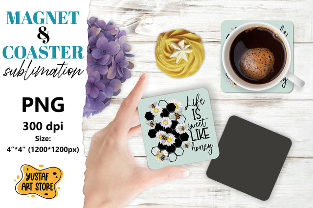 Bee square coaster & magnet sublimation. Bee & flowers Sublimation Yustaf Art Store 