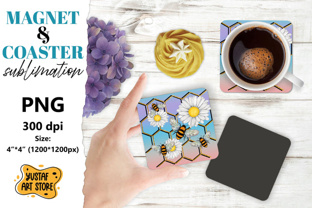 Bee square coaster & magnet sublimation. Bee & flowers Sublimation Yustaf Art Store 