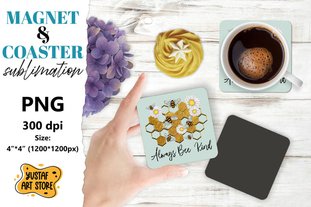 Bee square coaster & magnet sublimation. Bee & flowers Sublimation Yustaf Art Store 