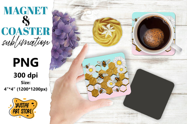 Bee square coaster & magnet sublimation. Bee & flowers Sublimation Yustaf Art Store 
