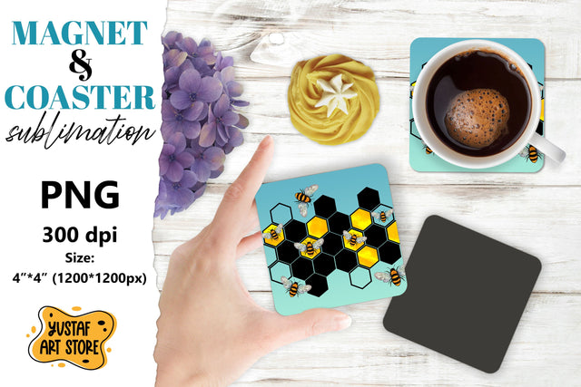 Bee square coaster & magnet sublimation. Bee & flowers Sublimation Yustaf Art Store 