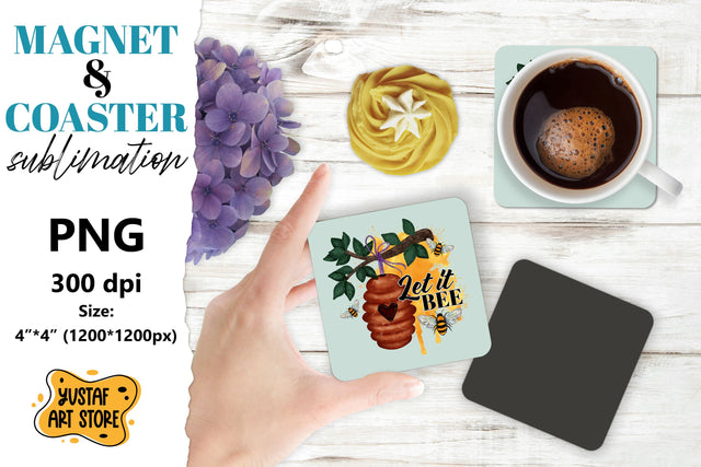 Bee square coaster & magnet sublimation. Bee & flowers Sublimation Yustaf Art Store 