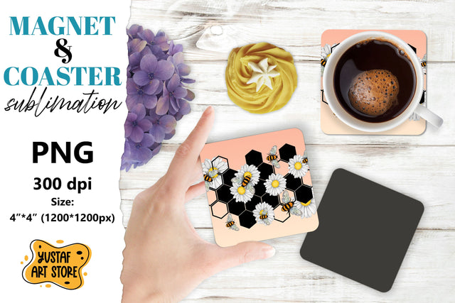 Bee square coaster & magnet sublimation. Bee & flowers Sublimation Yustaf Art Store 