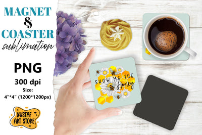 Bee square coaster & magnet sublimation. Bee & flowers Sublimation Yustaf Art Store 