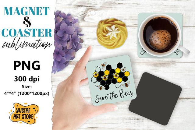 Bee square coaster & magnet sublimation. Bee & flowers Sublimation Yustaf Art Store 