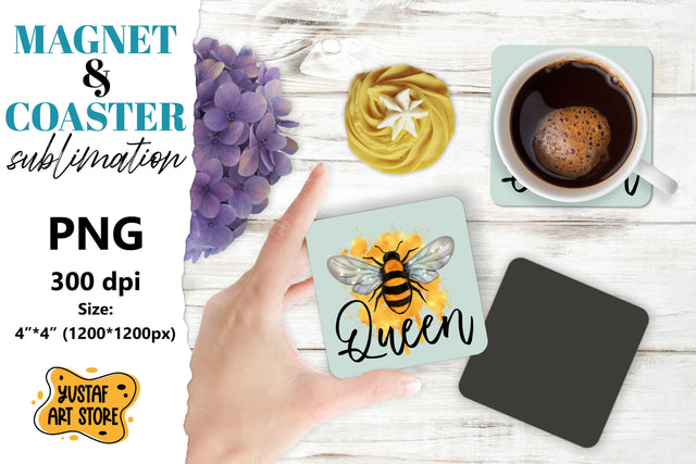 Bee square coaster & magnet sublimation. Bee & flowers Sublimation Yustaf Art Store 