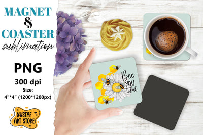 Bee square coaster & magnet sublimation. Bee & flowers Sublimation Yustaf Art Store 