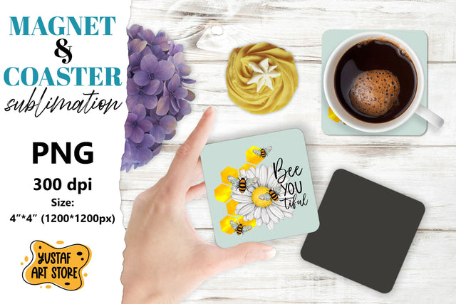 Bee square coaster & magnet sublimation. Bee & flowers Sublimation Yustaf Art Store 