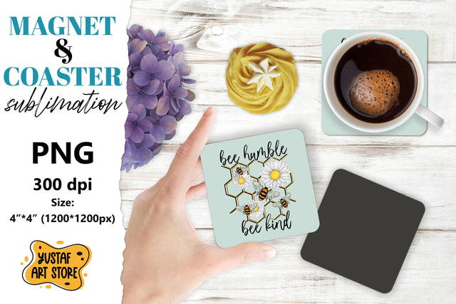 Bee square coaster & magnet sublimation. Bee & flowers Sublimation Yustaf Art Store 