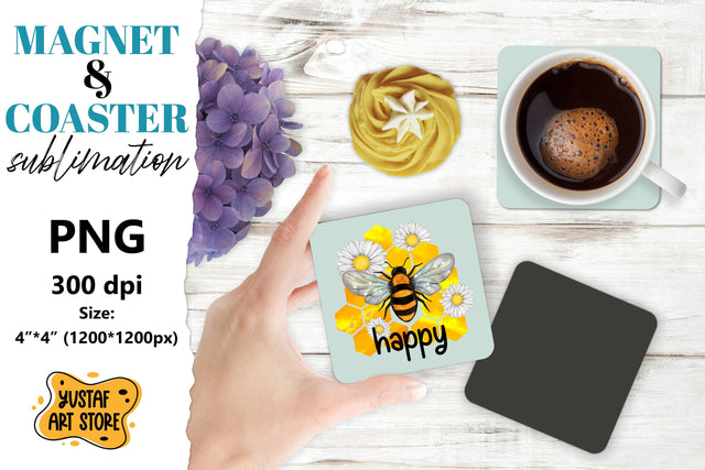 Bee square coaster & magnet sublimation. Bee & flowers Sublimation Yustaf Art Store 