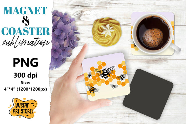 Bee square coaster & magnet sublimation. Bee & flowers Sublimation Yustaf Art Store 