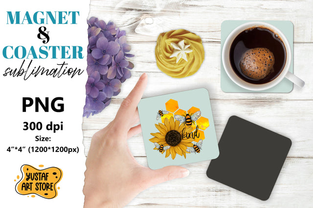 Bee square coaster & magnet sublimation. Bee & flowers Sublimation Yustaf Art Store 