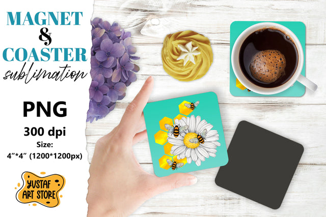 Bee square coaster & magnet sublimation. Bee & flowers Sublimation Yustaf Art Store 