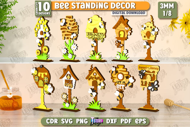 Bee Standing Decor Laser Cut Bundle | Honey Comb | Summer Design | Tabletop Statuette | CNC Files SVG The T Store Design 
