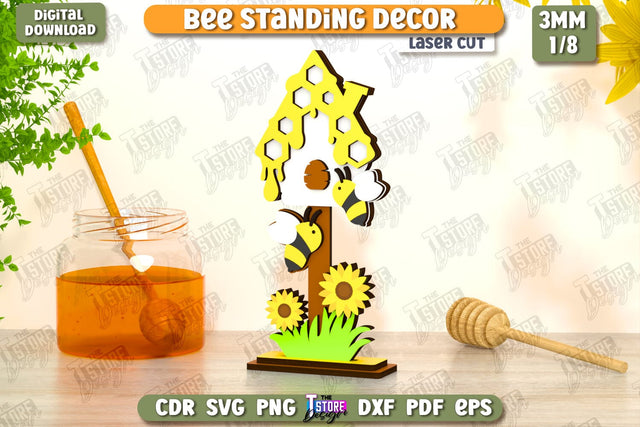 Bee Standing Decor Laser Cut | Honey Comb | Summer Design | Tabletop Statuette | CNC File SVG The T Store Design 