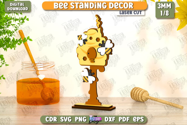Bee Standing Decor Laser Cut | Honey Comb | Summer Design | Tabletop Statuette | CNC File SVG The T Store Design 