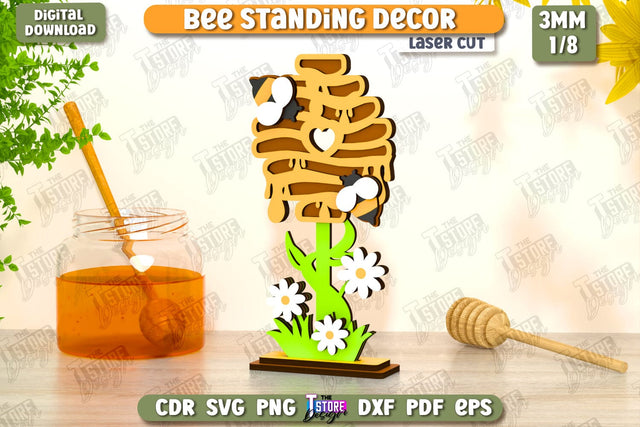 Bee Standing Decor Laser Cut | Honey Comb | Summer Design | Tabletop Statuette | CNC File SVG The T Store Design 