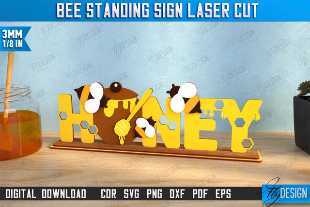 Bee Standing Sign with Elements Laser Cut | Honey Comb | Summer Design | CNC File SVG Fly Design 