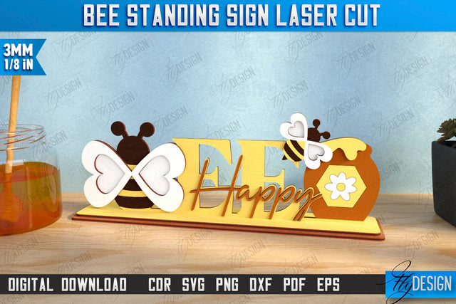 Bee Standing Sign with Elements Laser Cut | Honey Comb | Summer Design | CNC File SVG Fly Design 
