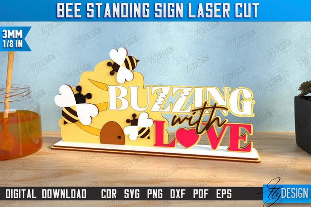 Bee Standing Sign with Elements Laser Cut | Honey Comb | Summer Design | CNC File SVG Fly Design 