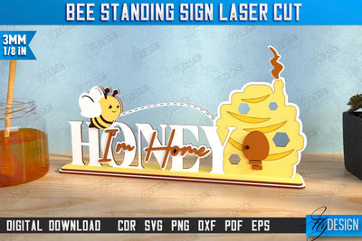 Bee Standing Sign with Elements Laser Cut | Honey Comb | Summer Design | CNC File SVG Fly Design 