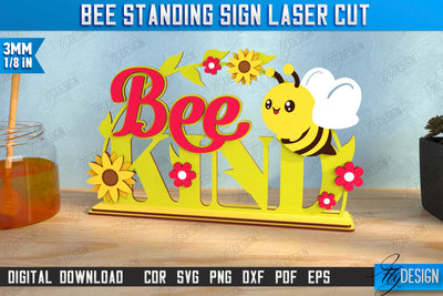Bee Standing Sign with Elements Laser Cut | Honey Comb | Summer Design | CNC File SVG Fly Design 