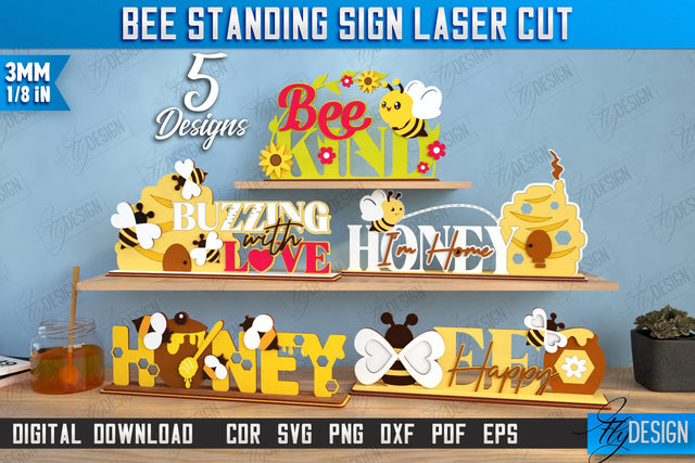 Bee Standing Signs with Elements Laser Cut Bundle | Honey Comb | Summer Design | CNC Files SVG Fly Design 